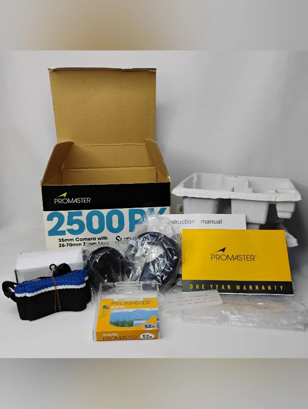 (NO CAMERA) Promaster 2500PK 35mm Super Zoom Box + Strap Lens Cap Eyepiece Cover